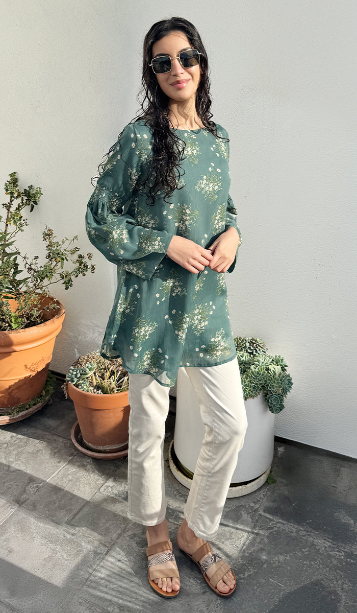 Sundus Long Chiffon Print Modest Top - Jade Floral - PREORDER (ships in 2 weeks)