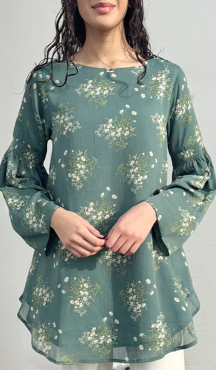 Sundus Long Chiffon Print Modest Top - Jade Floral - PREORDER (ships in 2 weeks)