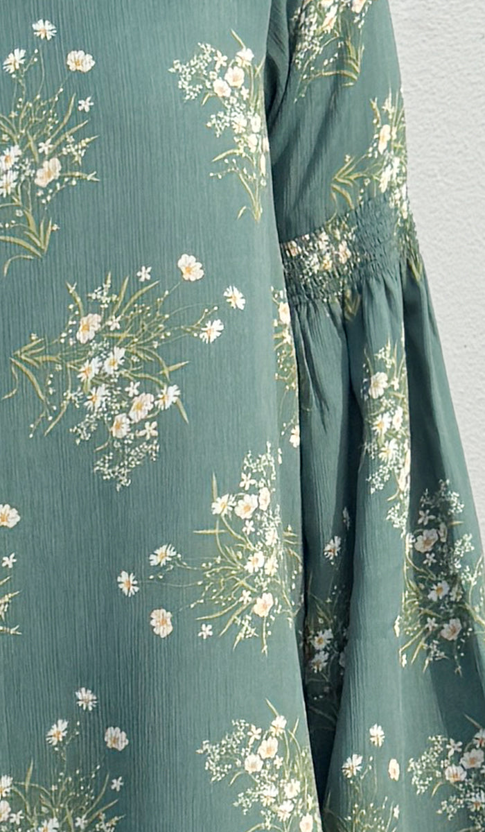 Sundus Long Chiffon Print Modest Top - Jade Floral - PREORDER (ships in 2 weeks)