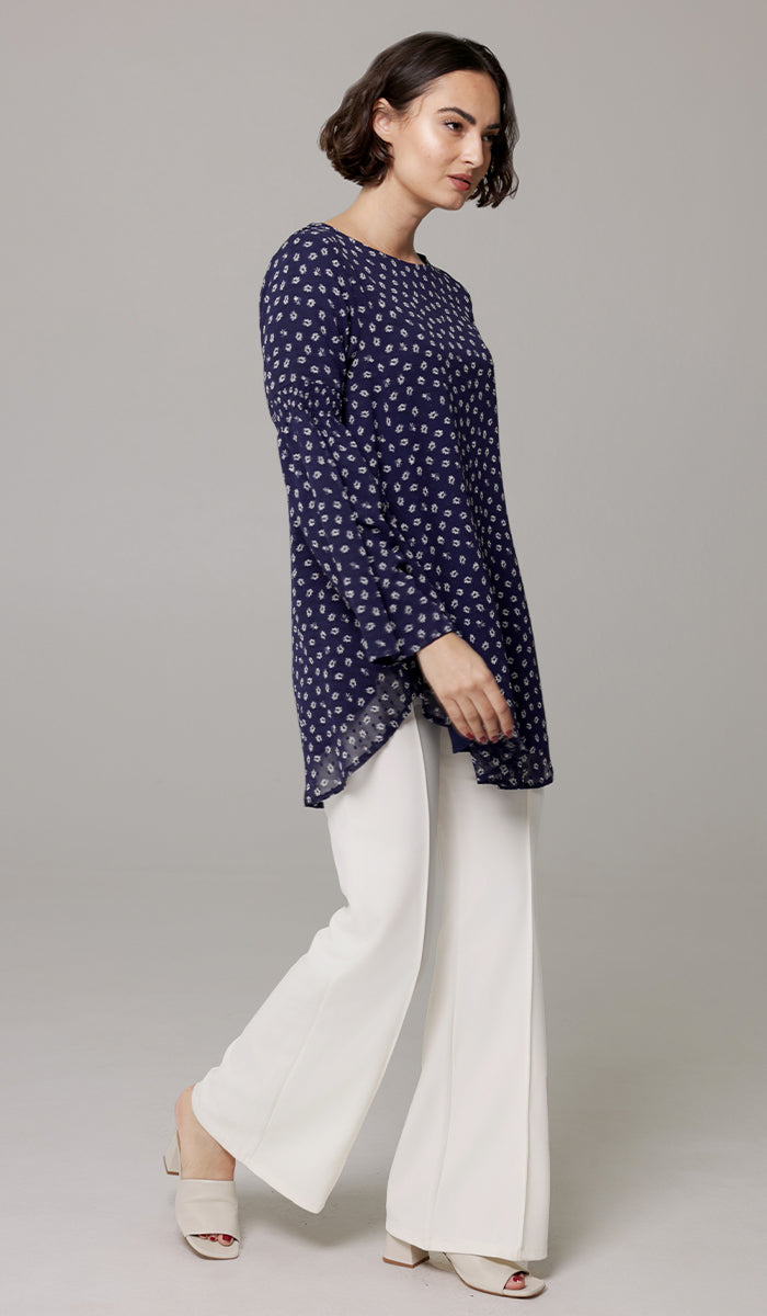 Sundus Long Chiffon Print Modest Top - Navy Floral - PREORDER (ships in 2 weeks)