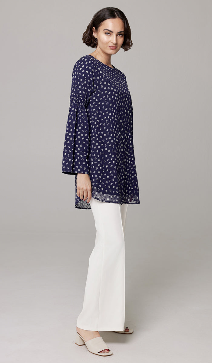 Sundus Long Chiffon Print Modest Top - Navy Floral - PREORDER (ships in 2 weeks)