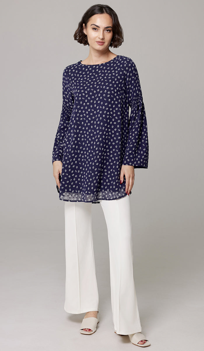 Sundus Long Chiffon Print Modest Top - Navy Floral - PREORDER (ships in 2 weeks)