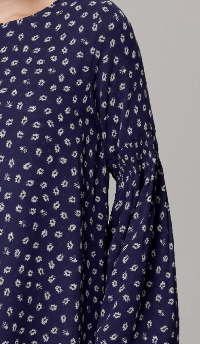 Sundus Long Chiffon Print Modest Top - Navy Floral - PREORDER (ships in 2 weeks)