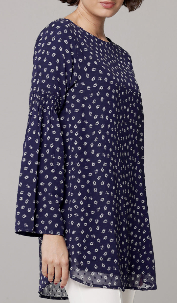 Sundus Long Chiffon Print Modest Top - Navy Floral - PREORDER (ships in 2 weeks)