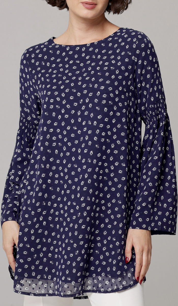 Sundus Long Chiffon Print Modest Top - Navy Floral