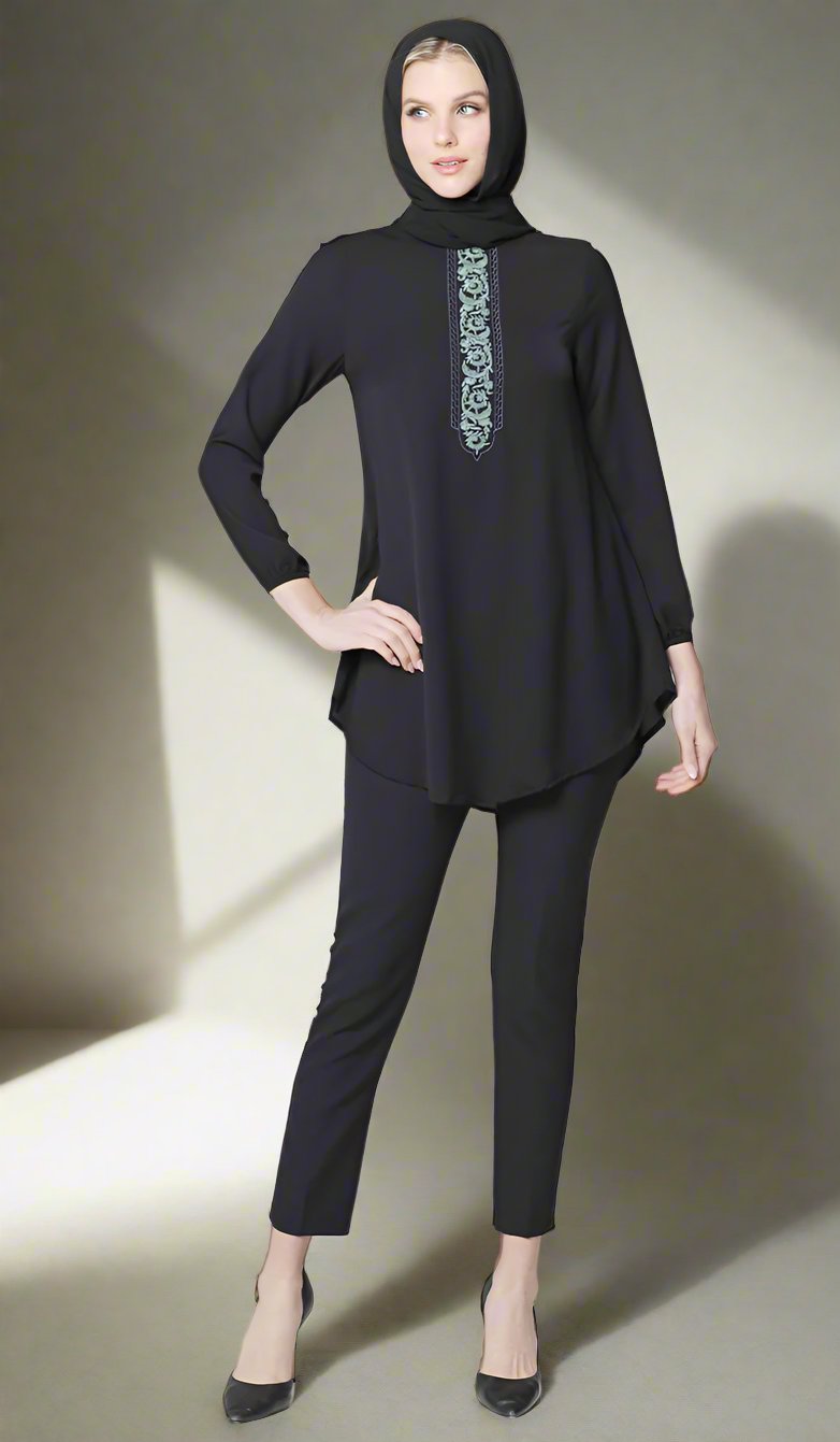 Suroor Embroidered Long Modest Tunic - Black