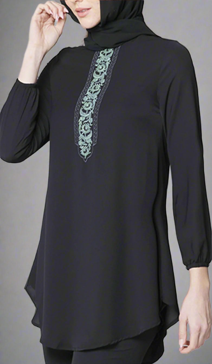 Suroor Embroidered Long Modest Tunic - Black