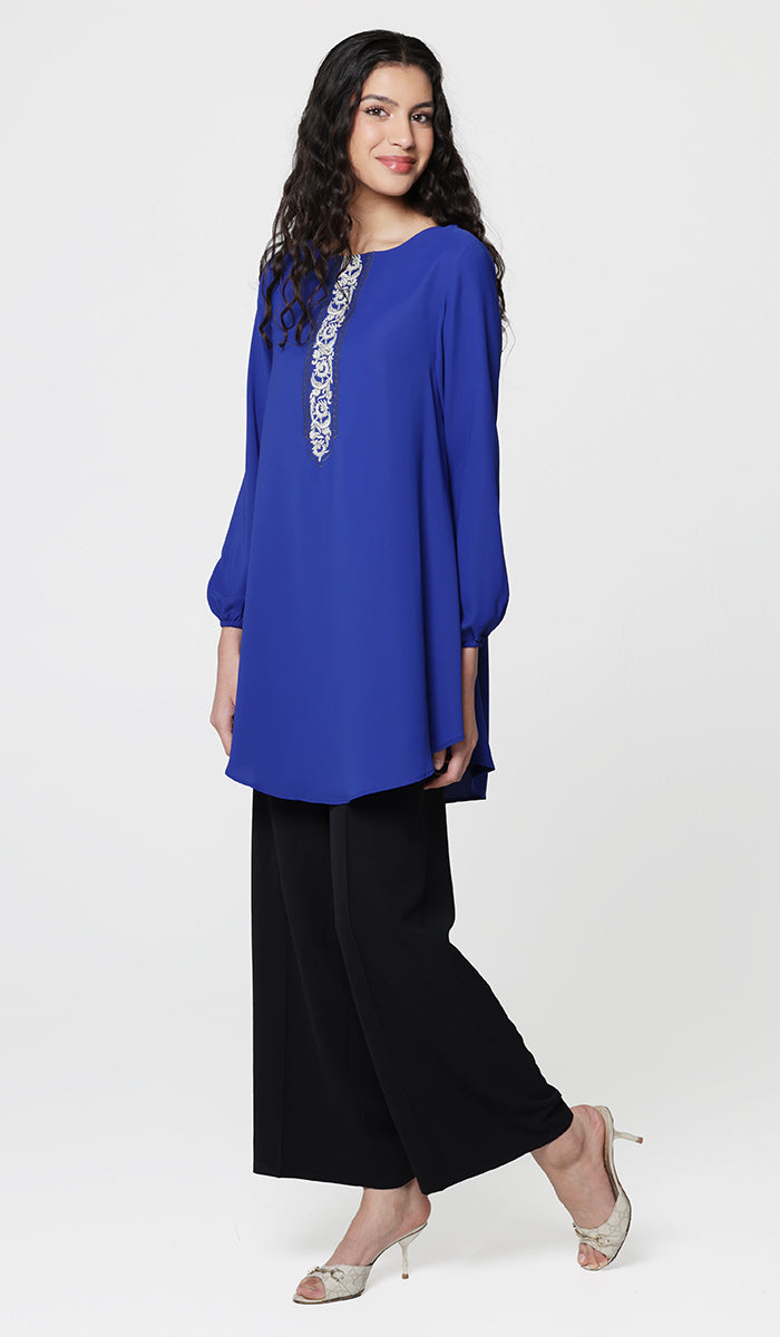 Suroor Embroidered Long Modest Tunic - Royal Blue