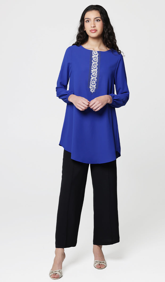 Suroor Embroidered Long Modest Tunic - Royal Blue