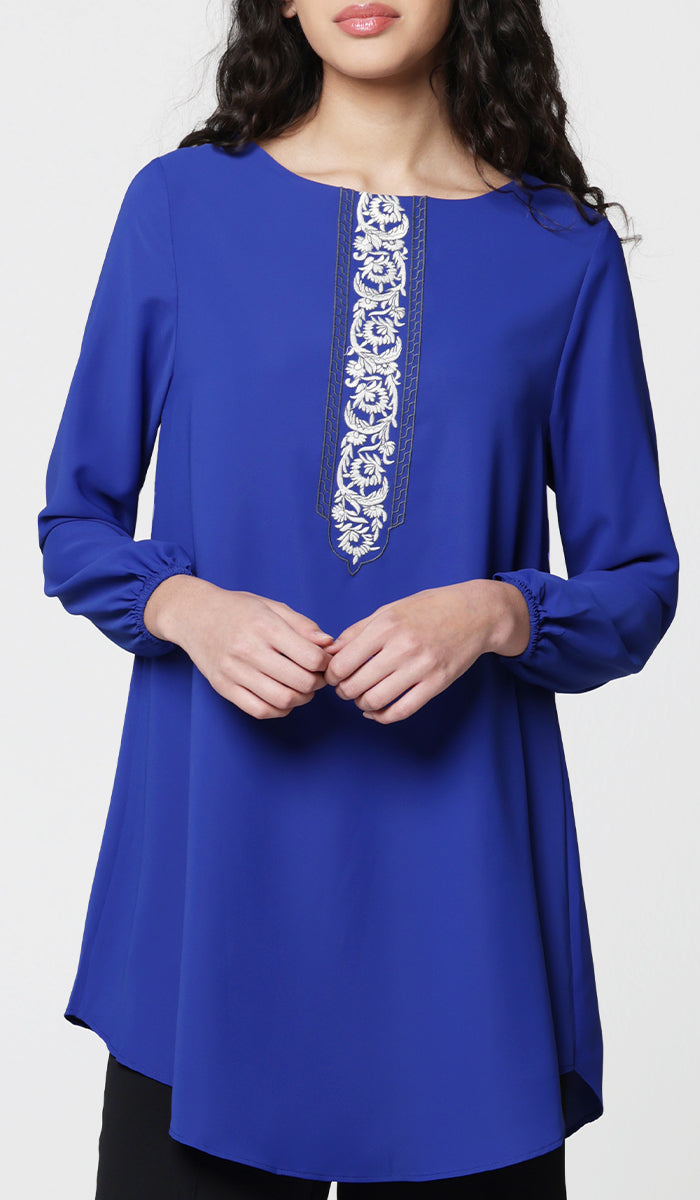 Suroor Embroidered Long Modest Tunic - Royal Blue