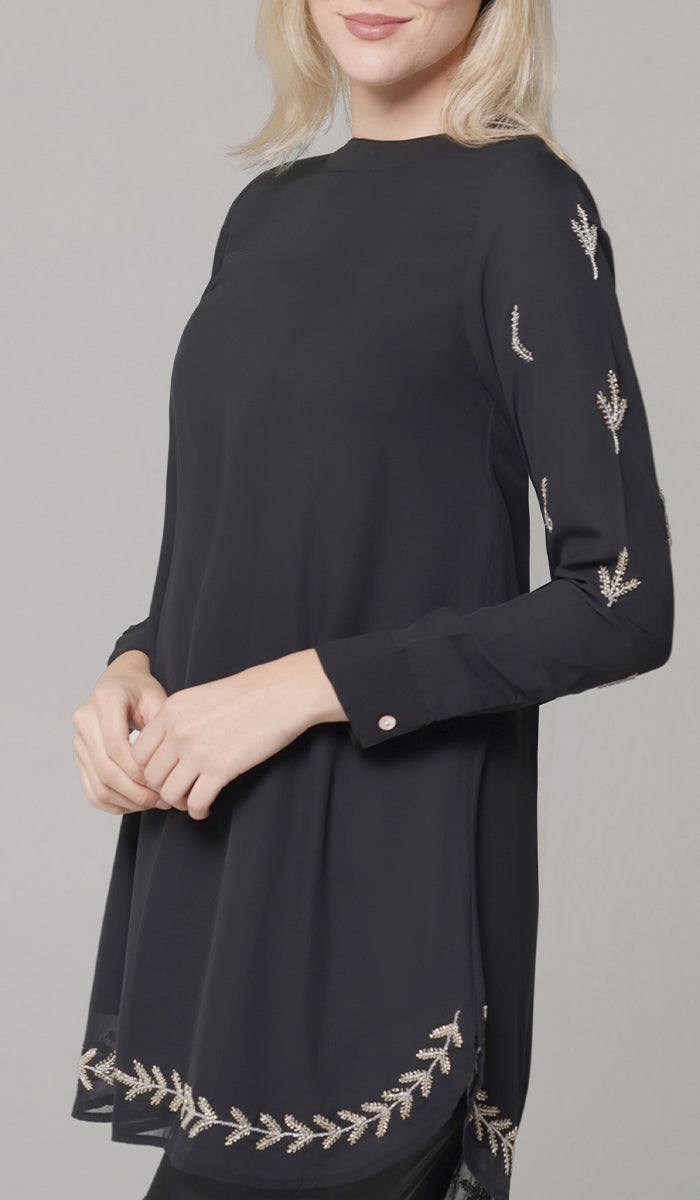 Tazeen Chiffon Formal Embroidered Long Modest Tunic - Black