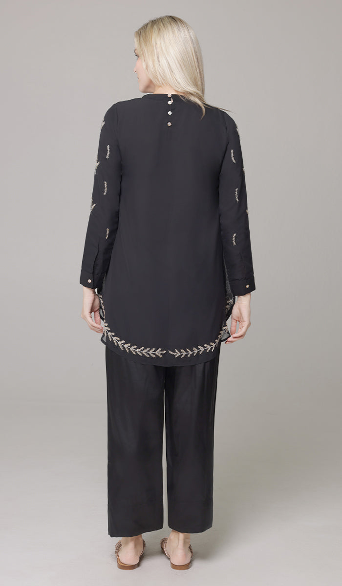 Tazeen Chiffon Formal Embroidered Long Modest Tunic - Black - PREORDER (ships in 2 weeks)