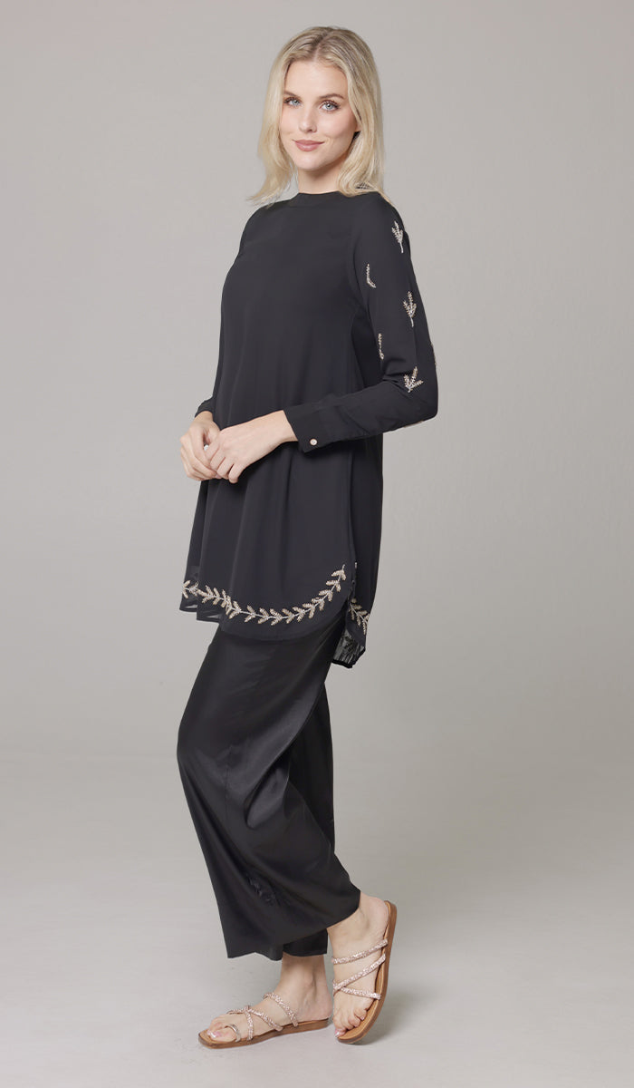 Tazeen Chiffon Formal Embroidered Long Modest Tunic - Black - PREORDER (ships in 2 weeks)