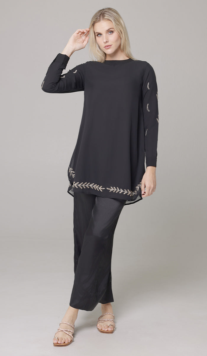 Tazeen Chiffon Formal Embroidered Long Modest Tunic - Black - PREORDER (ships in 2 weeks)