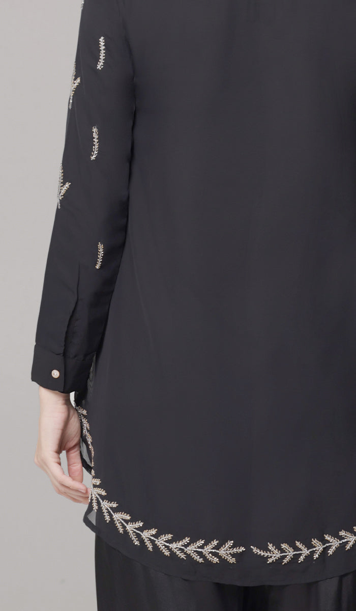 Tazeen Chiffon Formal Embroidered Long Modest Tunic - Black - PREORDER (ships in 2 weeks)