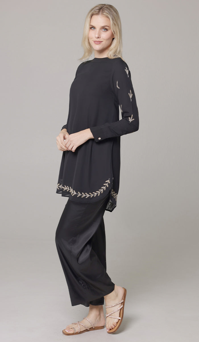 Tazeen Chiffon Formal Embroidered Long Modest Tunic - Black