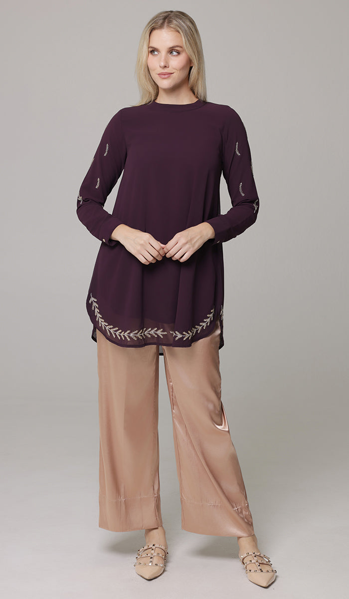 Tazeen Chiffon Formal Embroidered Long Modest Tunic - Plum - PREORDER (ships in 2 weeks)