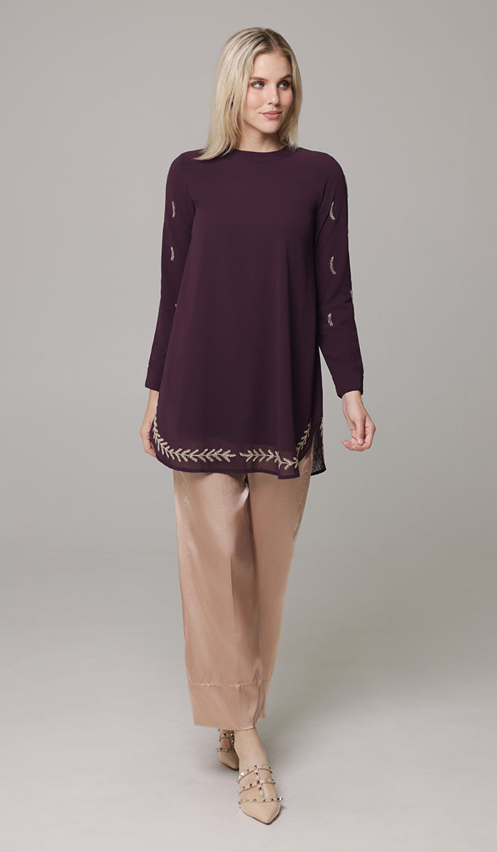 Tazeen Chiffon Formal Embroidered Long Modest Tunic - Plum - PREORDER (ships in 2 weeks)