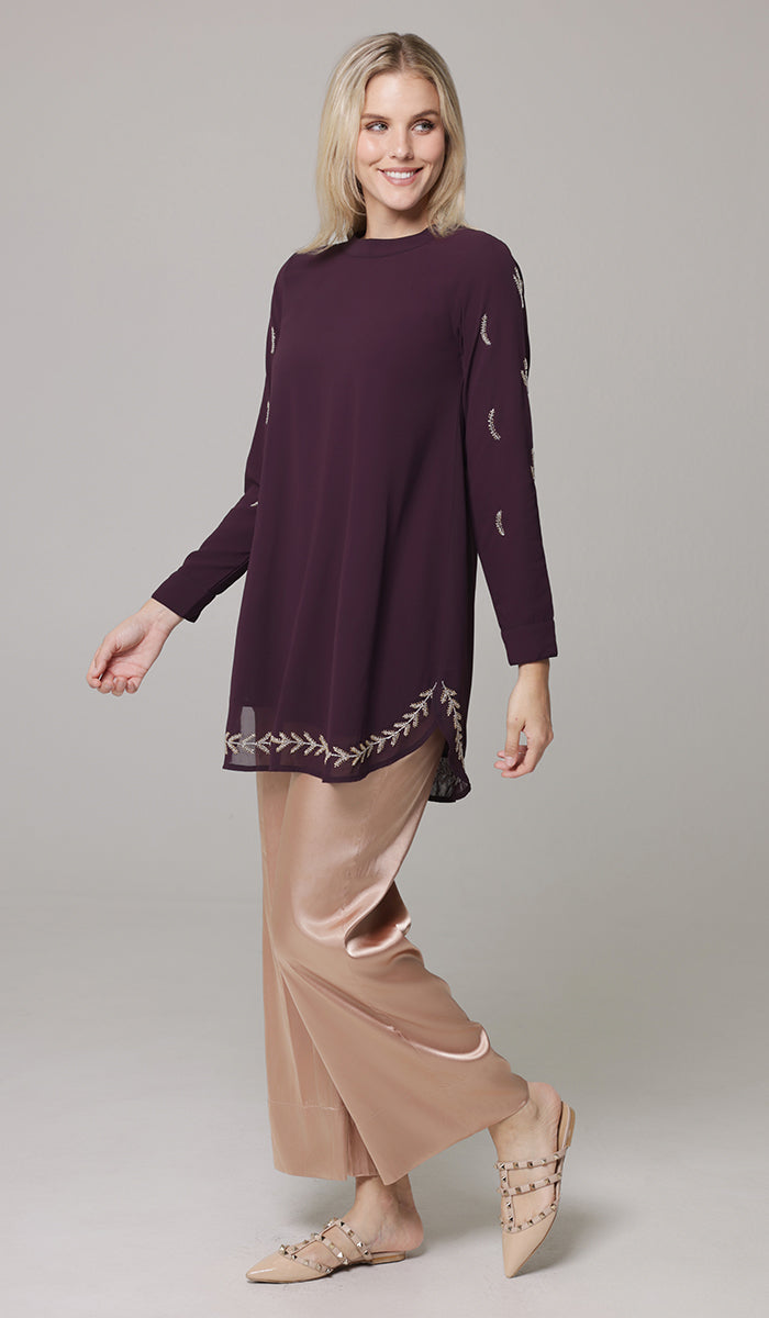 Tazeen Chiffon Formal Embroidered Long Modest Tunic - Plum - PREORDER (ships in 2 weeks)