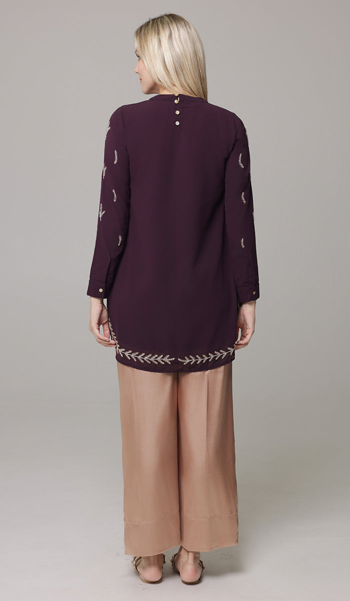 Tazeen Chiffon Formal Embroidered Long Modest Tunic - Plum - PREORDER (ships in 2 weeks)