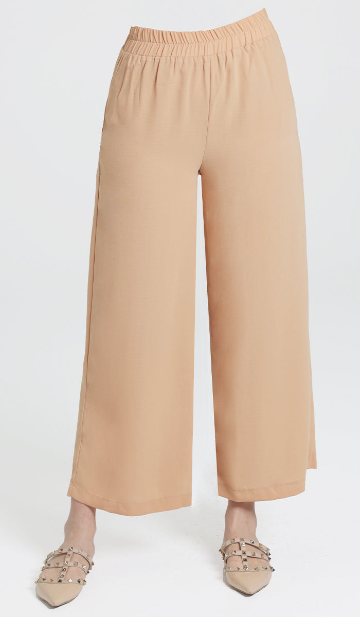 Pantalon ample à jambe large et fluide à taille extensible Ula - Caramel 