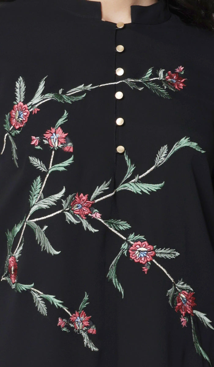 Details of embroidery on the Uzma tunic in Black.