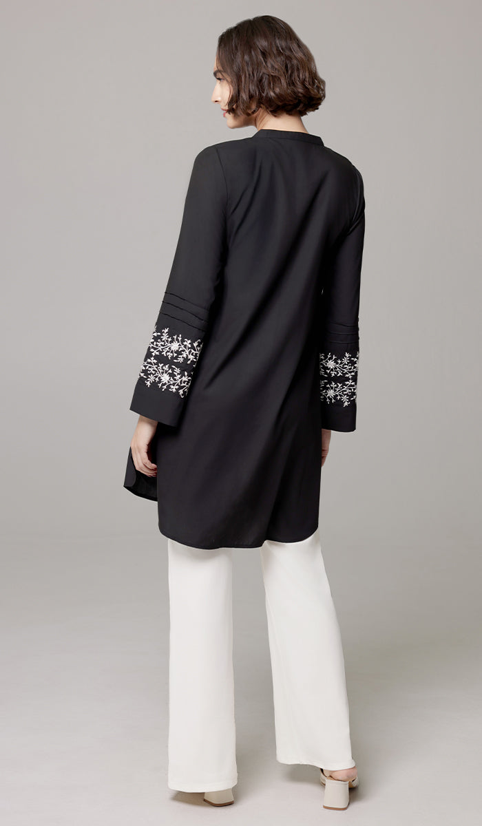 Zoha Embroidered Modest Cotton Feel Midi Tunic - Black/White