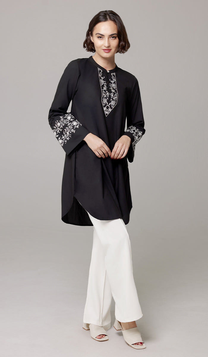 Zoha Embroidered Modest Cotton Feel Midi Tunic - Black/White