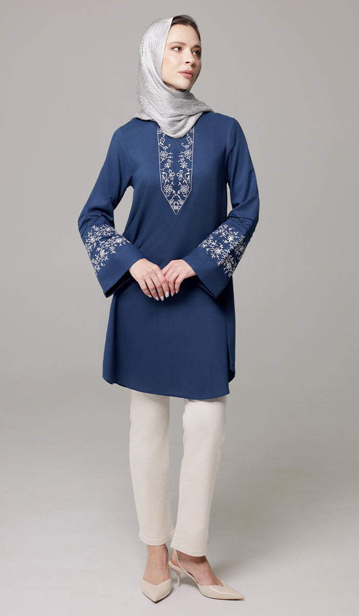 Zoha Embroidered Modest Cotton Feel Midi Tunic - Navy/Silver