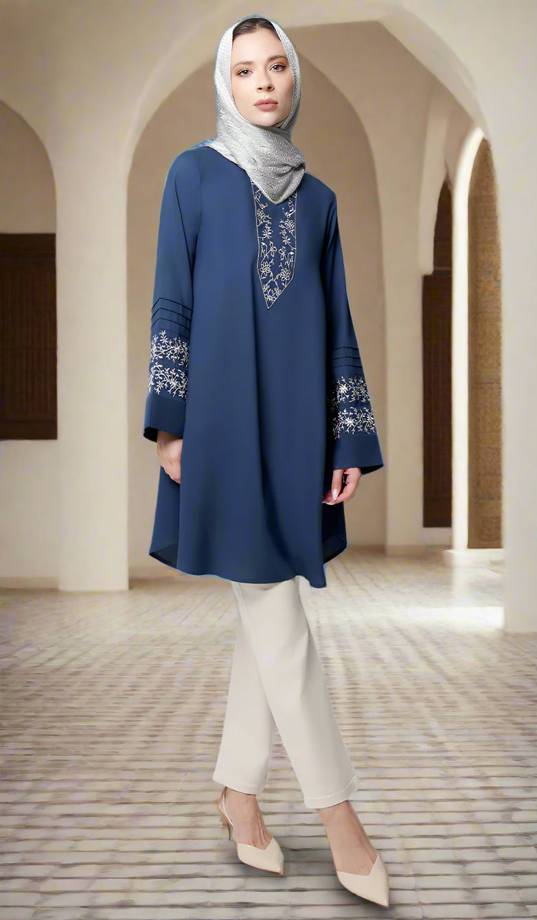 Zoha Embroidered Modest Cotton Feel Midi Tunic - Navy/Silver