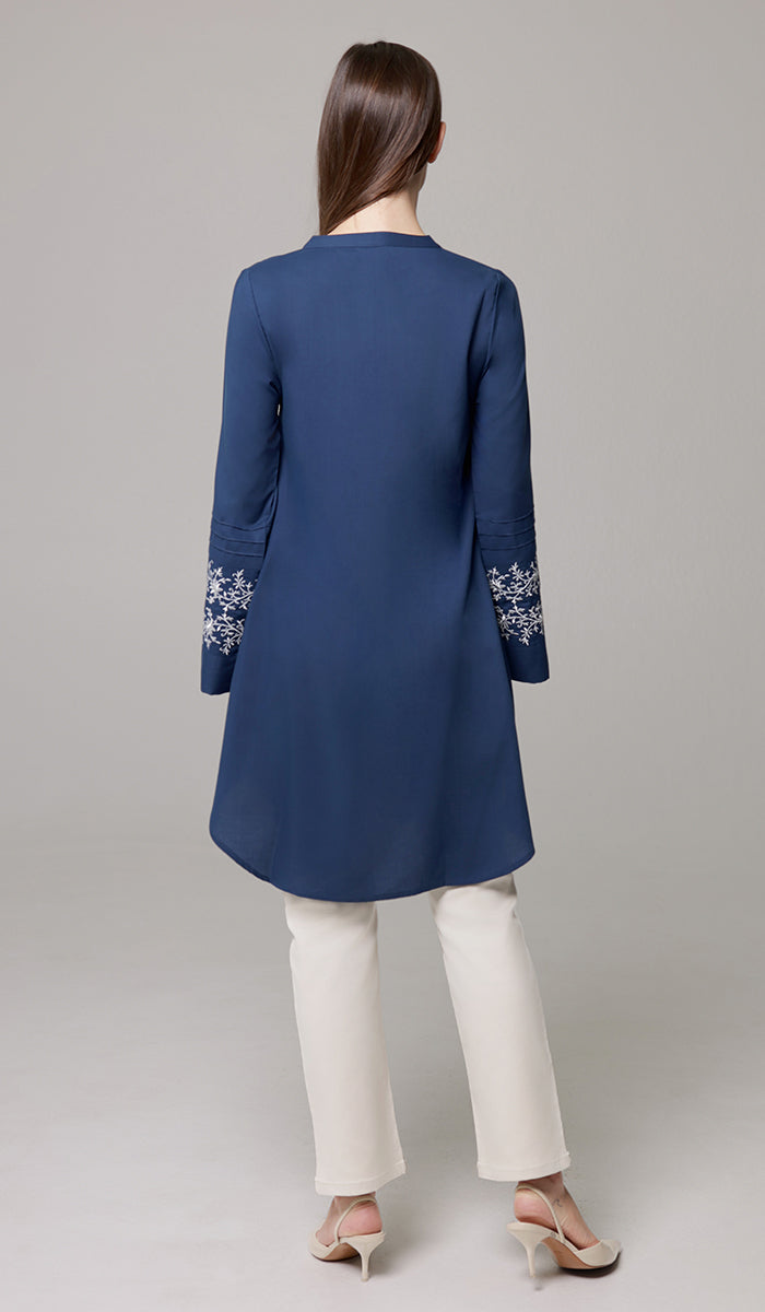 Zoha Embroidered Modest Cotton Feel Midi Tunic - Navy/Silver