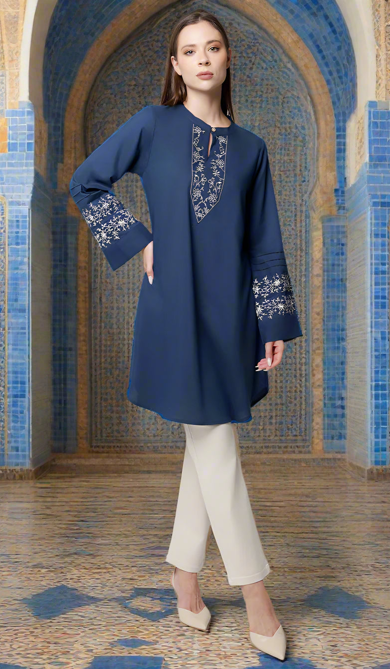 Zoha Embroidered Modest Cotton Feel Midi Tunic - Navy/Silver