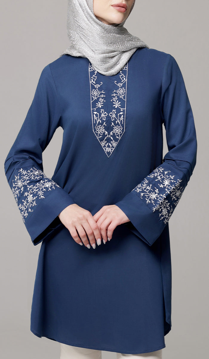 Zoha Embroidered Modest Cotton Feel Midi Tunic - Navy/Silver