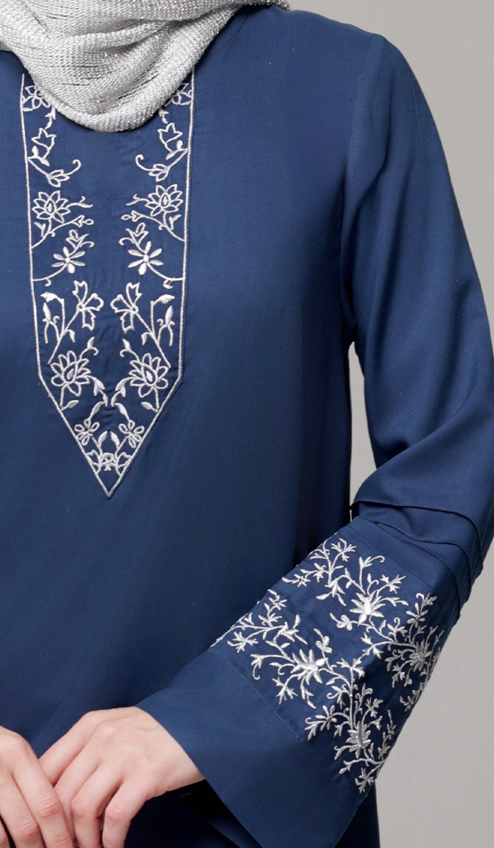 Zoha Embroidered Modest Cotton Feel Midi Tunic - Navy/Silver