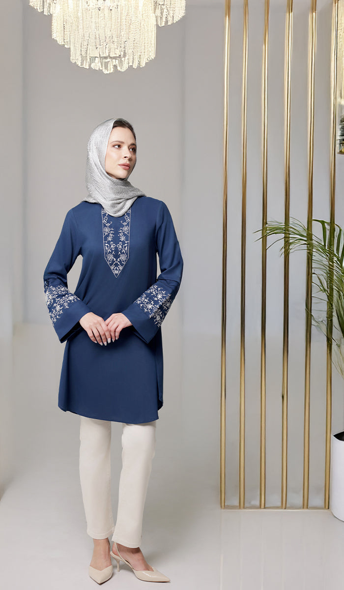 Zoha Embroidered Modest Cotton Feel Midi Tunic - Navy/Silver