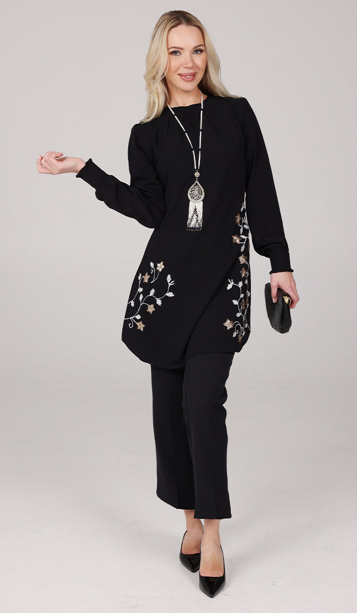 Amina Embroidered Formal Long Modest Tunic - Black