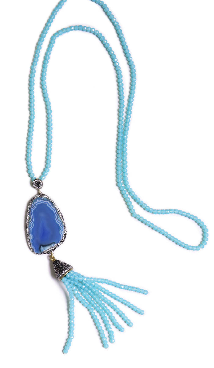 Artisan Natural Geode Tassel Necklace - Sky Blue Agate - Final Sale