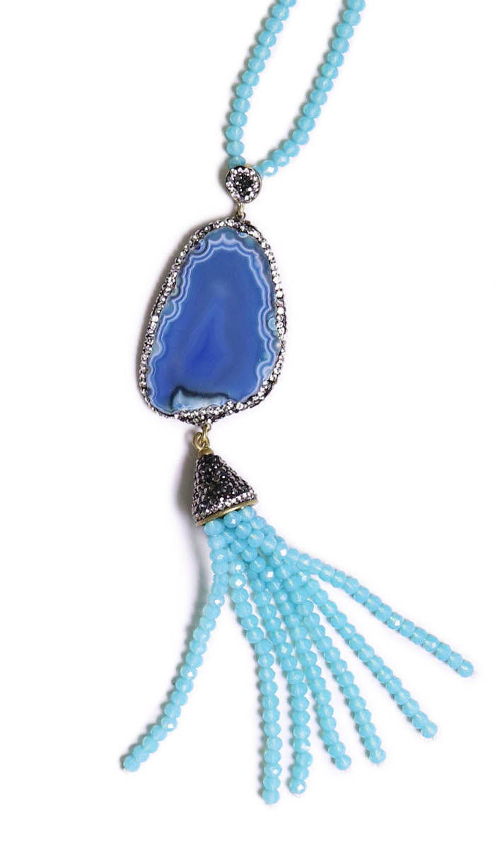 Artisan Natural Geode Tassel Necklace - Sky Blue Agate - Final Sale