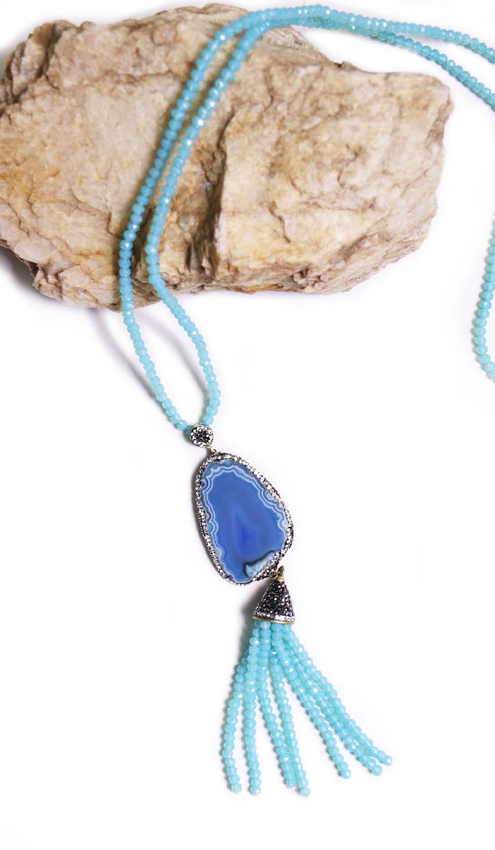 Artisan Natural Geode Tassel Necklace - Sky Blue Agate - Final Sale