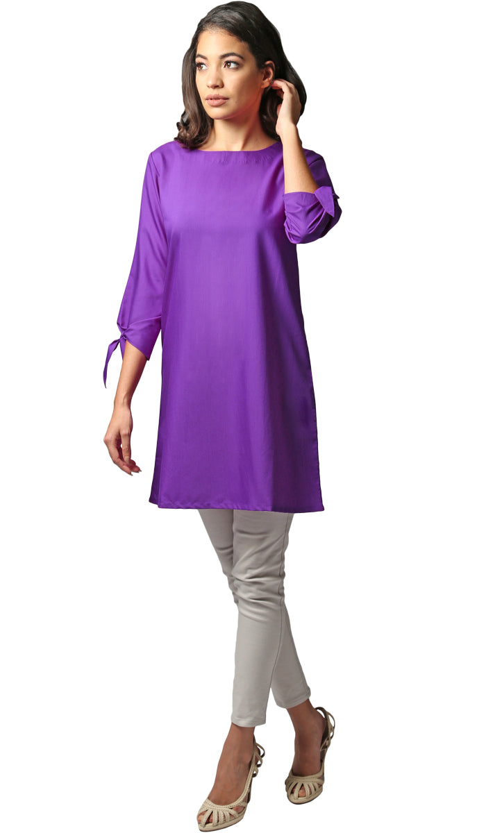 Asfa Long Modest Tunic with Tie Sleeves - Purple