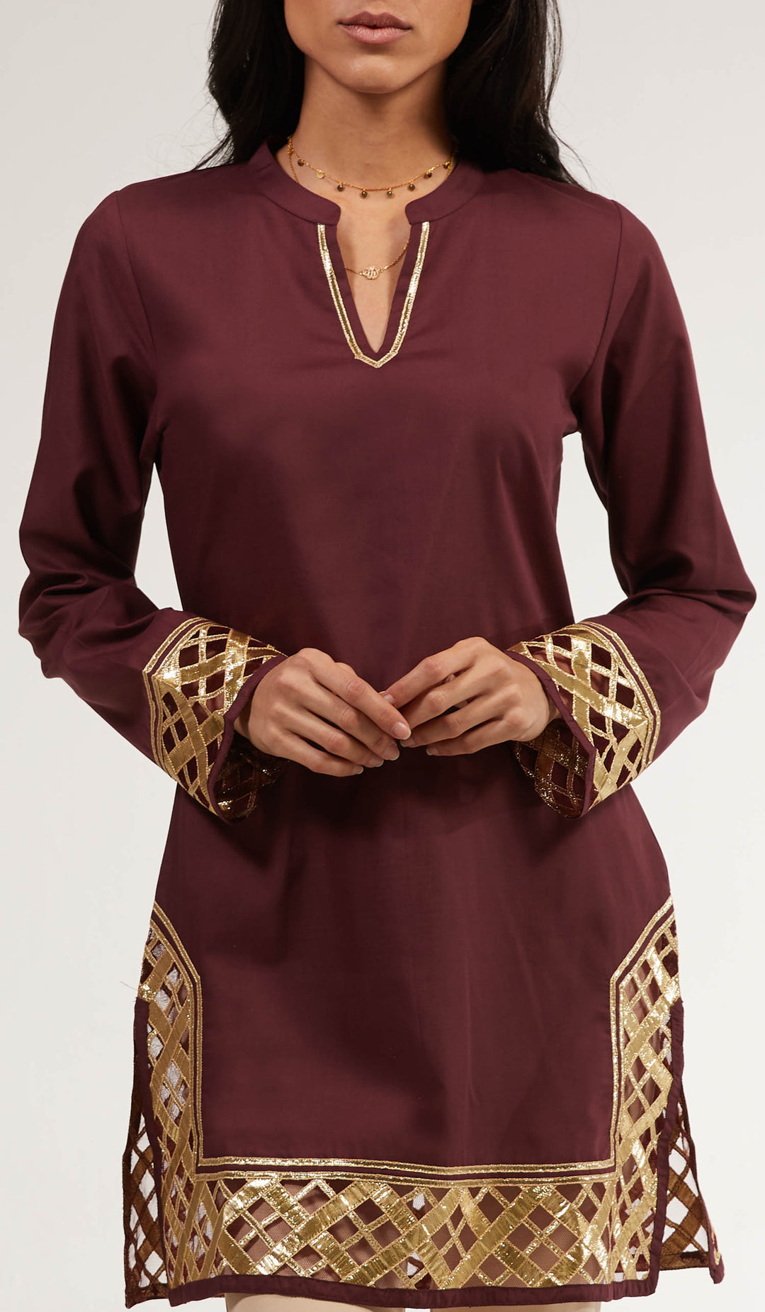 Woman wearing Behnaz Gold Embellished Long Modest Tunic in Orchid.