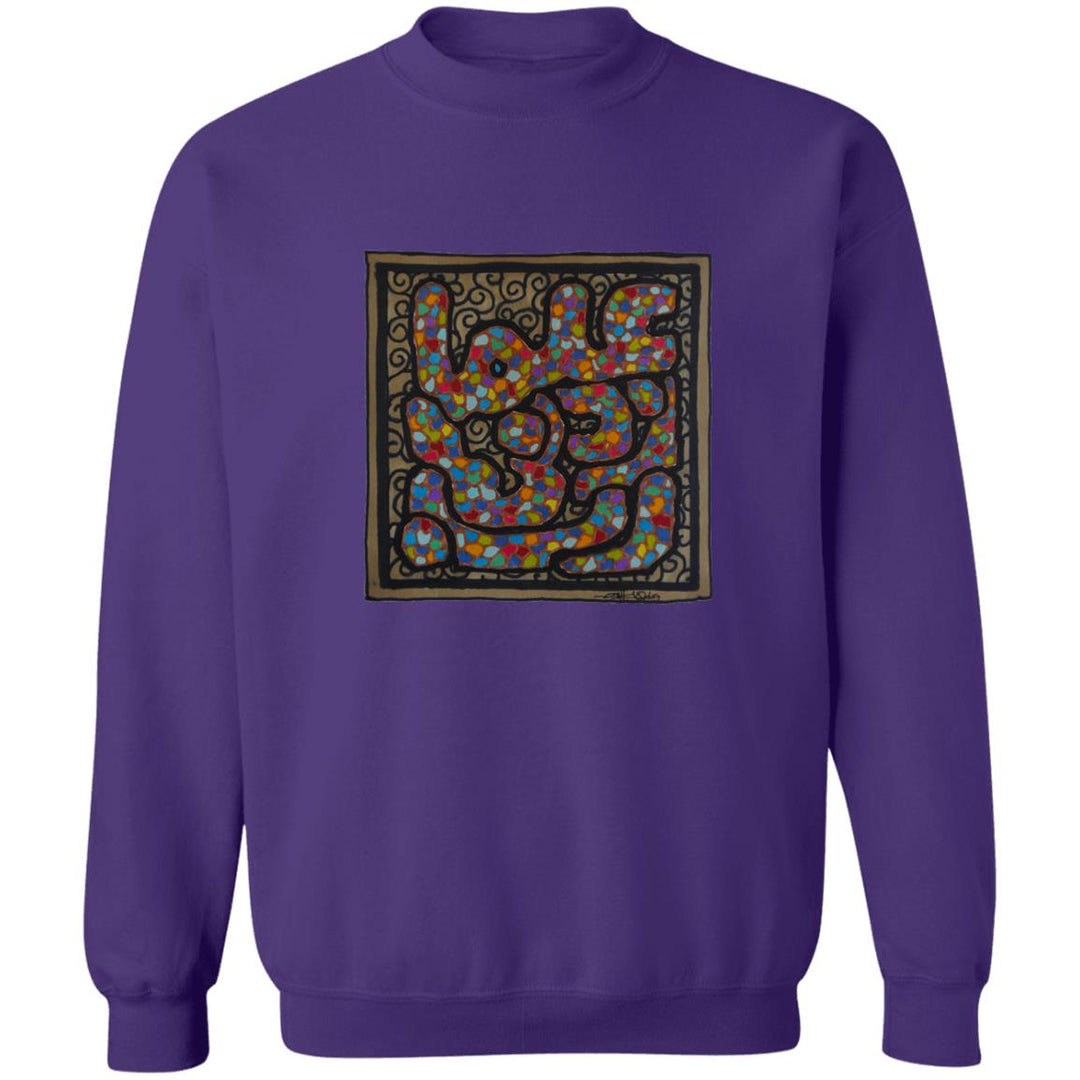 a purple sweater with a square design.