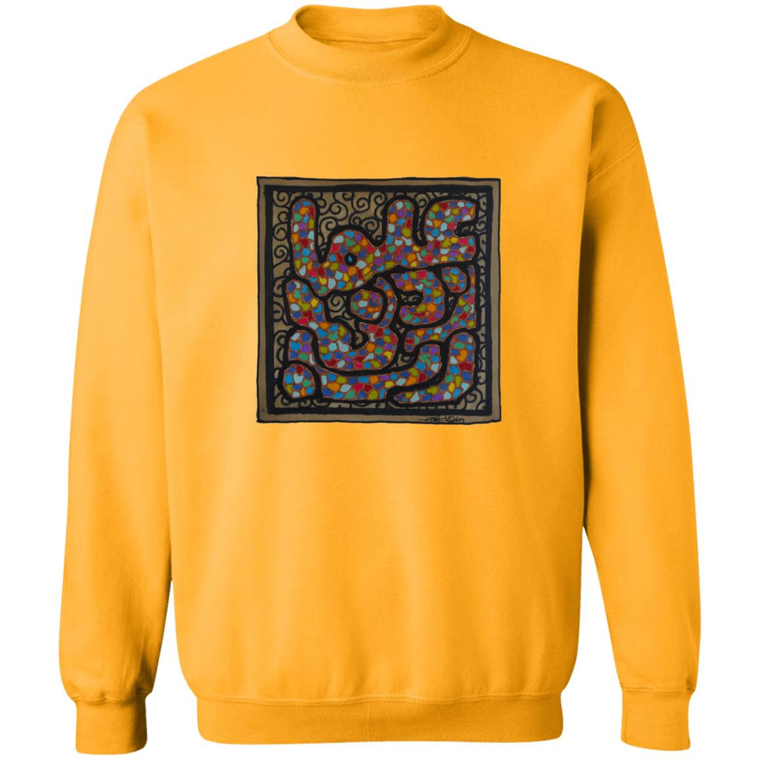 a yellow sweater with a square design.