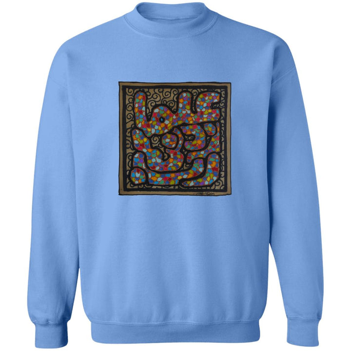 a blue sweater with a square design.