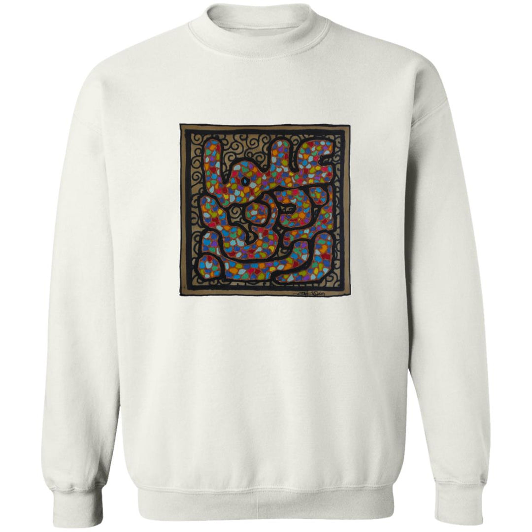 a white sweater with a square design.