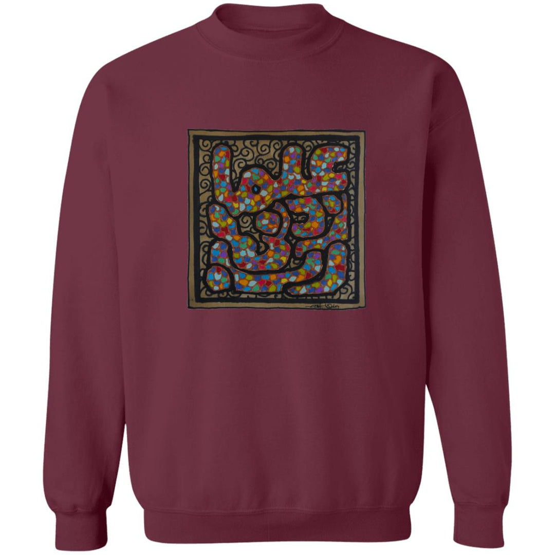 a maroon sweater with a square design.