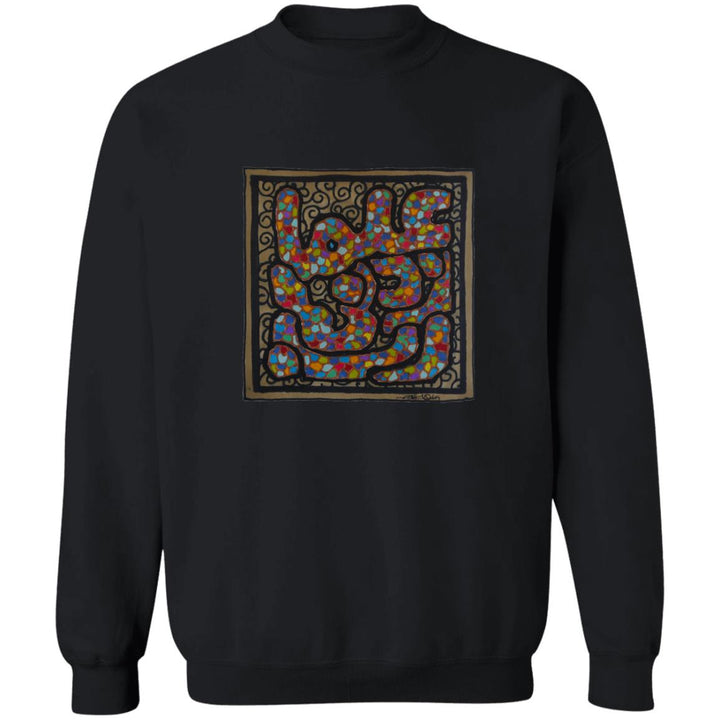 a black pullover sweater with a square design.