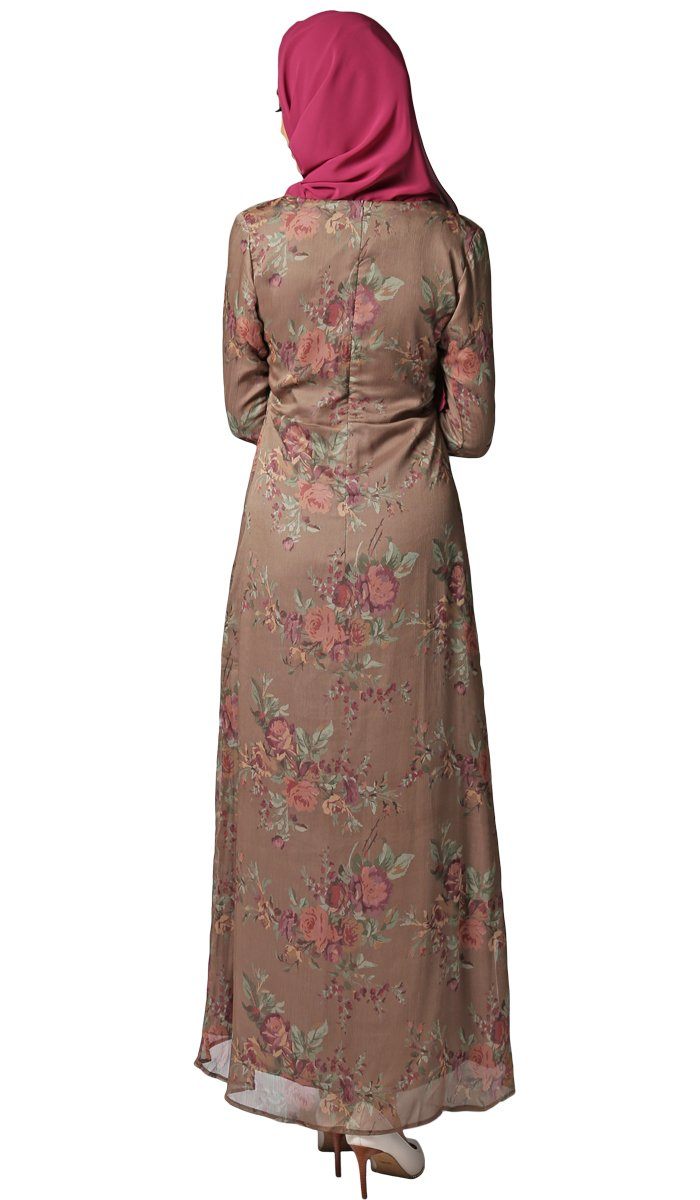 Esra Floral Print Chiffon Maxi Dress Abaya - Bronze