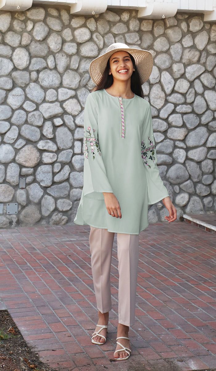 Gulzar Embroidered Long Modest Tunic - Sage