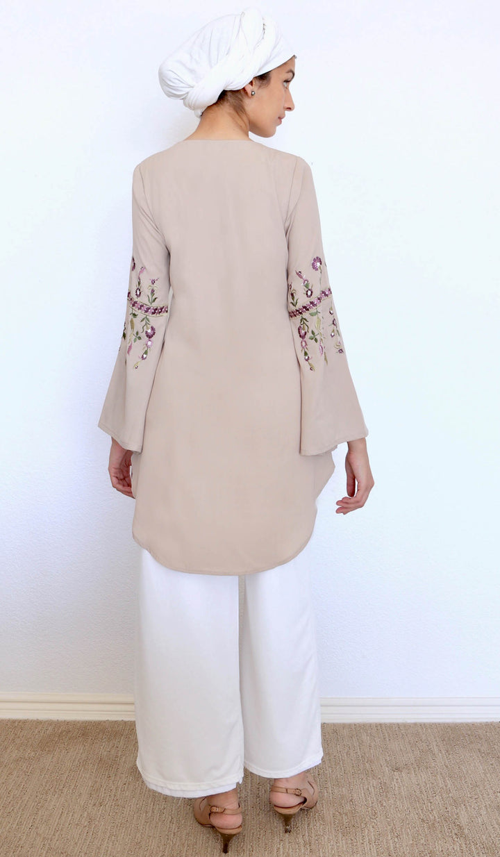 Gulzar Embroidered Long Modest Tunic - Latte